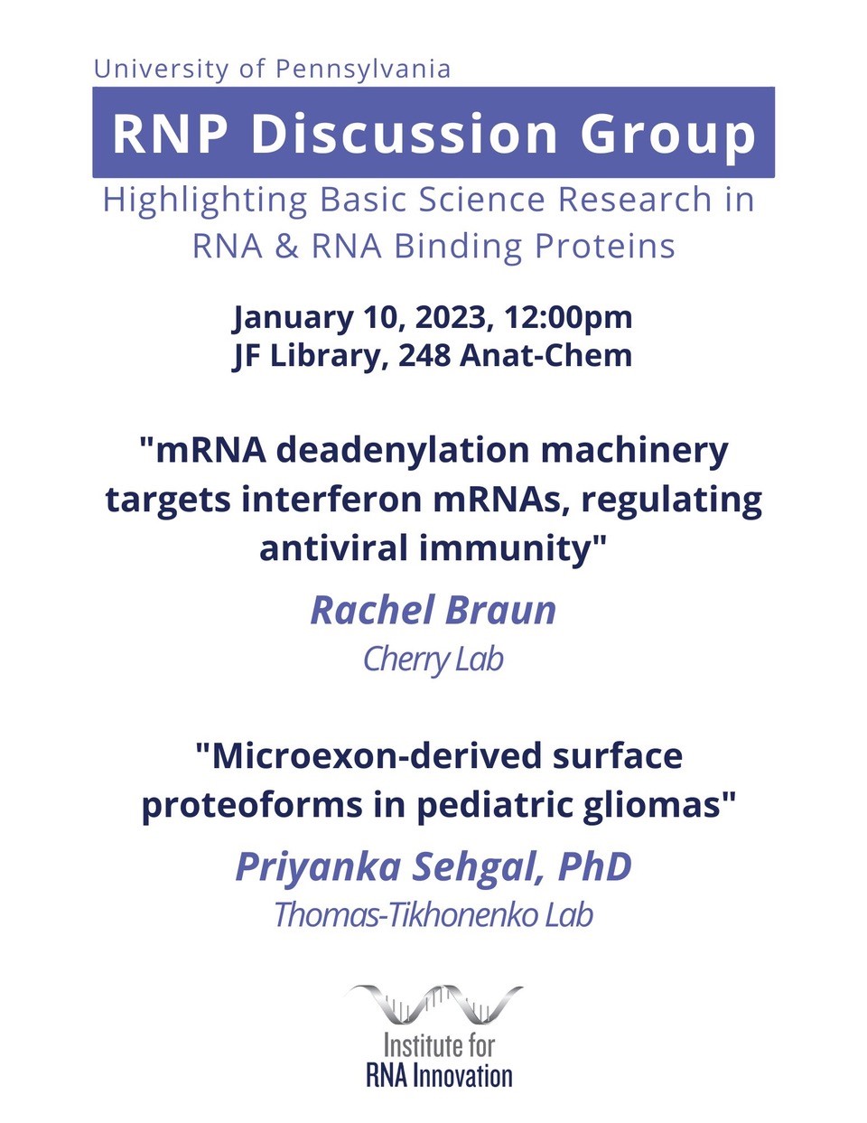 flyer for RNP Discussion Group event on 01.10.2023 at 12pm in JF Library